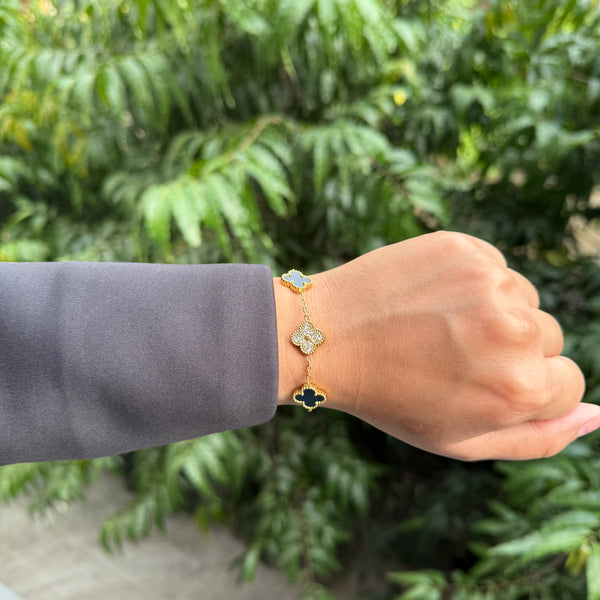 BLACK STUDDED TRÈFLE BRACELET - 18K GOLD-PLATED